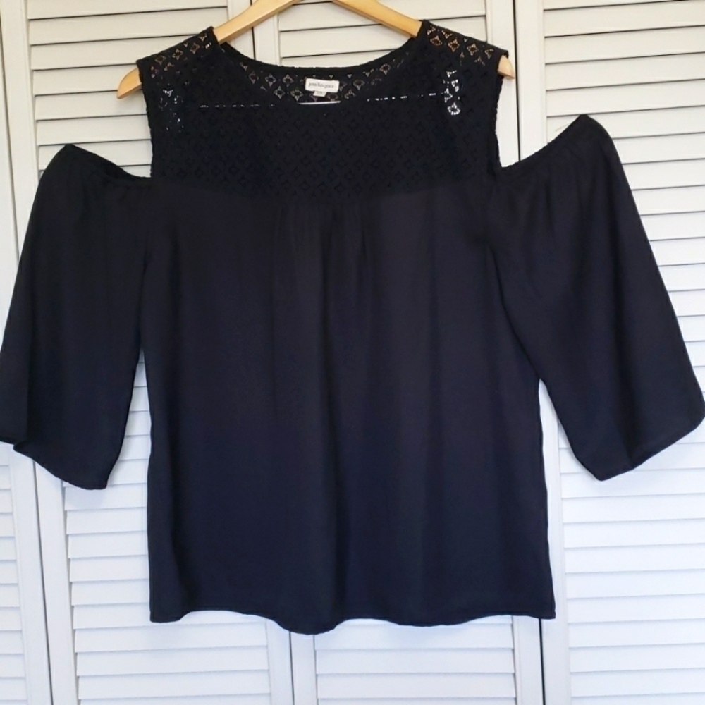 Jennifer & Grace Cold Shoulder Blouse, Black, 1X